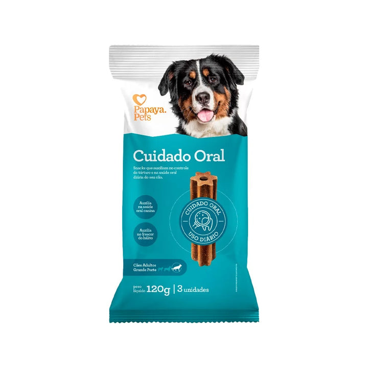 Embalagem de 120g do Snack Papaya Pets Cuidado Oral para Cães Adultos de Porte Grande, com o logo da marca e a imagem de um cão de raça grande mastigando o petisco.